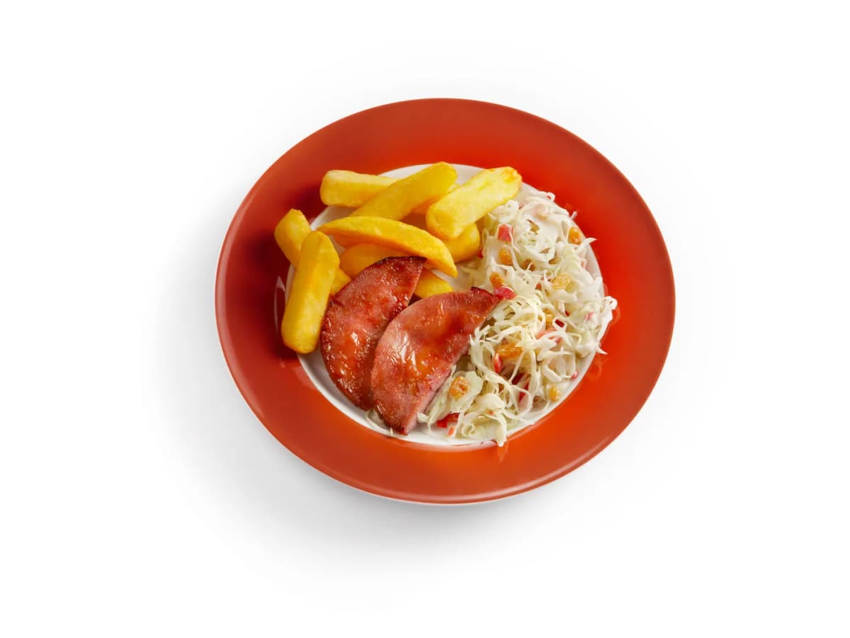 Geroosterde ham met friet en koolsla