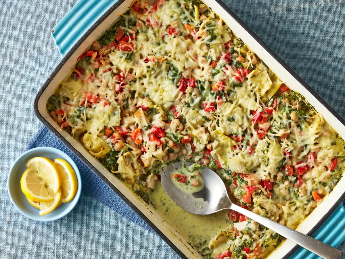 Ovenschotel met gerookte kip, paprika en artisjok