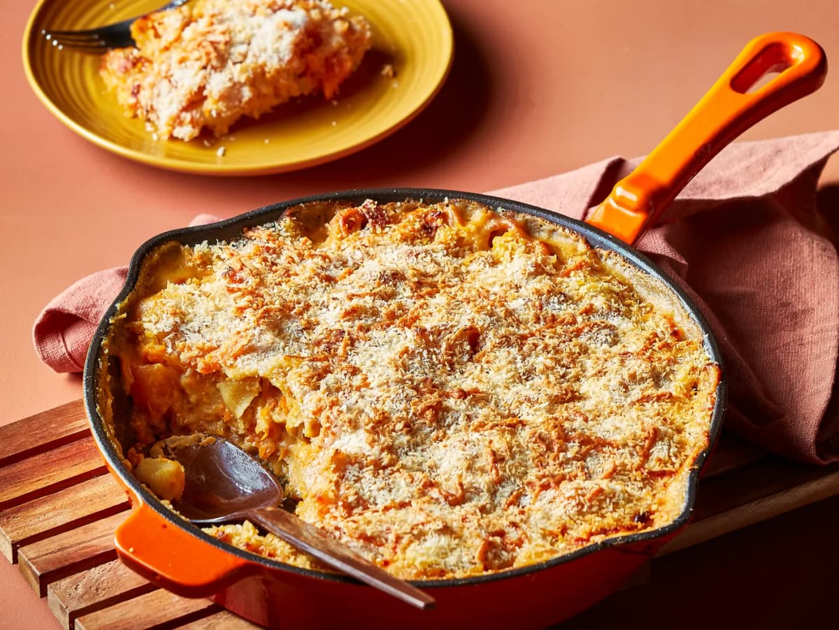 Mac and cheese met zoete aardappel