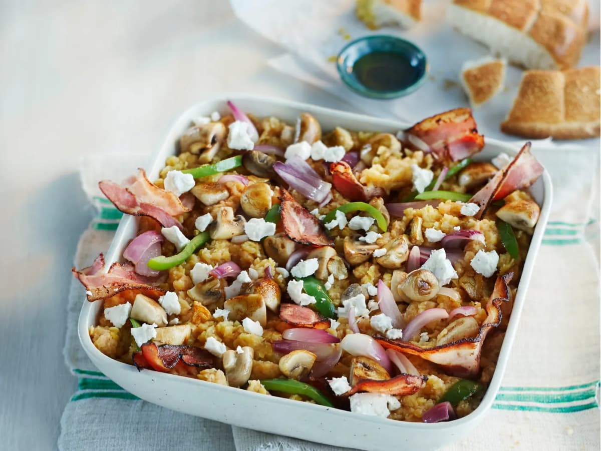 Linzenschotel met champignons en katenspek
