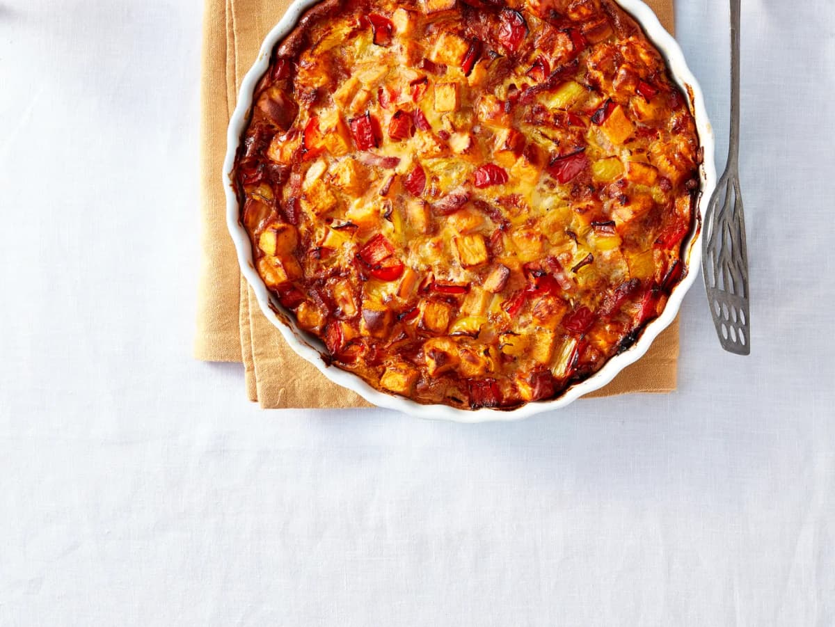 Frittata met zoete aardappel en spekjes