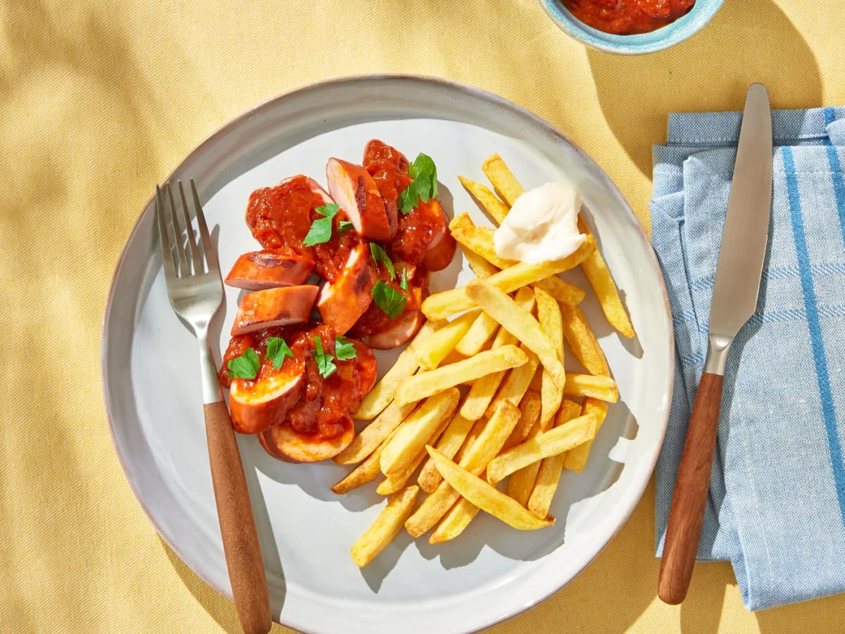 Curryworst van de BBQ met friet